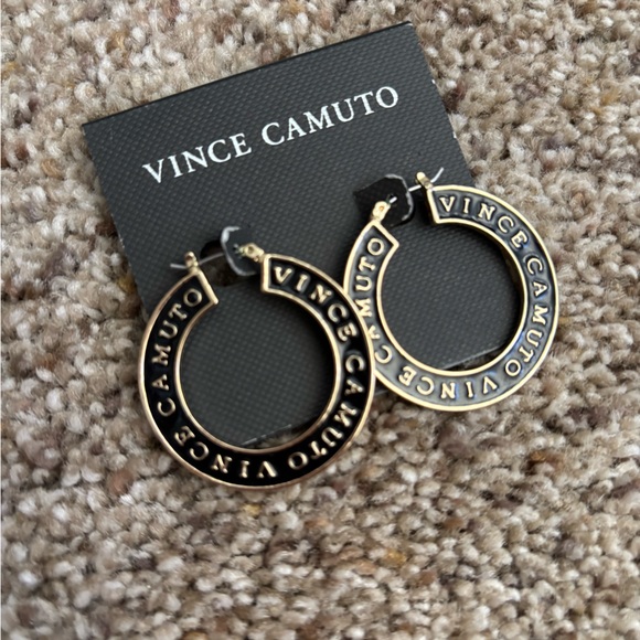 Vince Camuto Black and Gold Logo Hoop Earrings - Picture 1 of 4